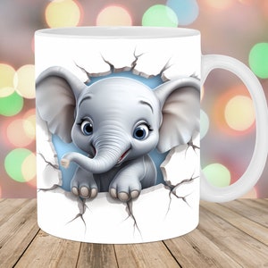3D Elephant Hole In A Wall Mug Wrap, 11oz And 15oz Mug Template, Mug Sublimation Design, Mug Wrap Template, Instant Digital Download PNG