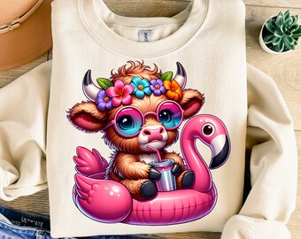 Cute Highland Cow Png, Sublimation Design, Flamingo Float Clipart, Summer Digital Image, Kids Png, T-Shirt Design, Instant Download Png, DTF