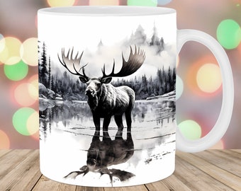 Moose Reflection Mug Wrap, 11oz & 15oz Mug Template, Lake Mug Sublimation Design, Forest Mug Wrap Template, Instant Digital Download PNG