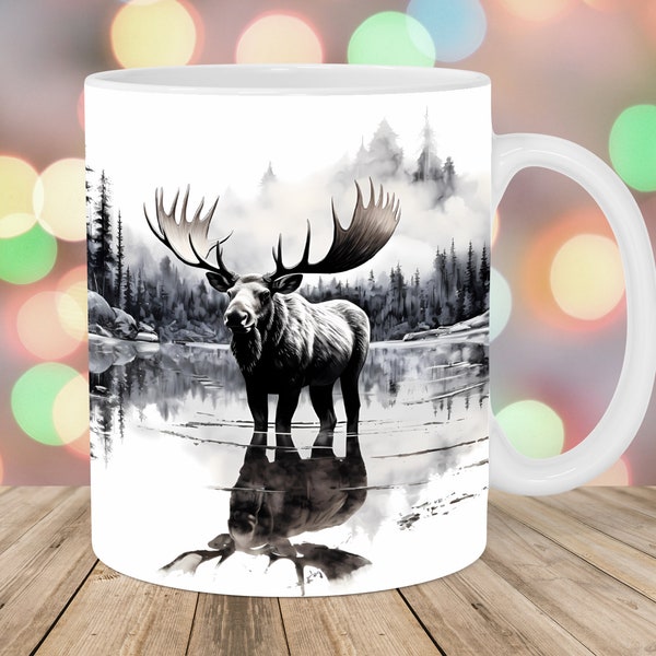 Moose Reflection Mug Wrap, 11oz & 15oz Mug Template, Lake Mug Sublimation Design, Forest Mug Wrap Template, Instant Digital Download PNG