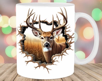 Envoltura de taza de ciervo de cola blanca 3D, plantilla de taza de 11 oz y 15 oz, diseño de sublimación de taza, plantilla de taza de agujero en una pared, descarga digital instantánea PNG