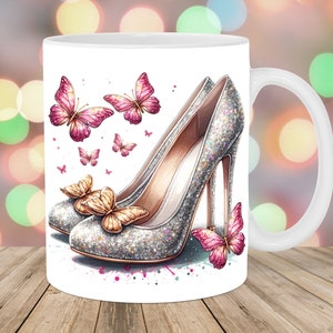 Silver Shoes Mug Wrap, 11oz & 15oz Mug Template, High Heels Mug Sublimation Design, Butterfly Mug Template, Instant Digital Download PNG