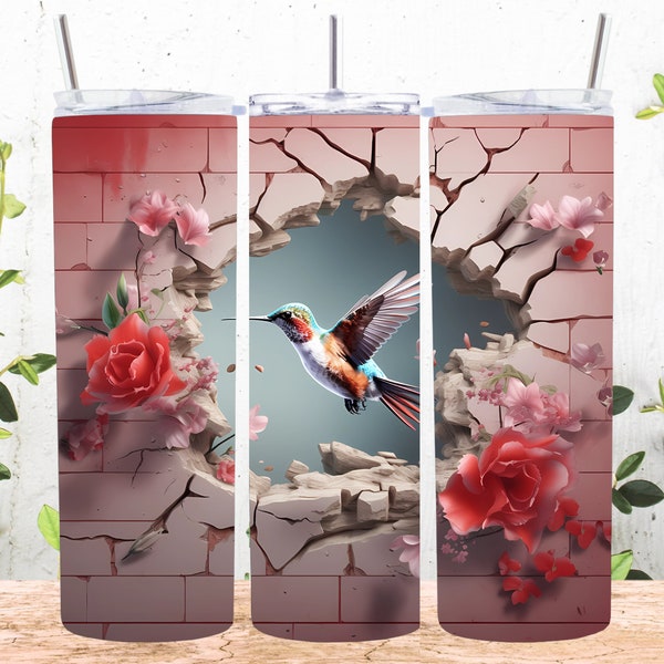 3D Hole In A Wall Flowers Hummingbird 20 oz Skinny Tumbler Sublimation Design, Straight & Tapered Tumbler Wrap, Instant Digital Download PNG