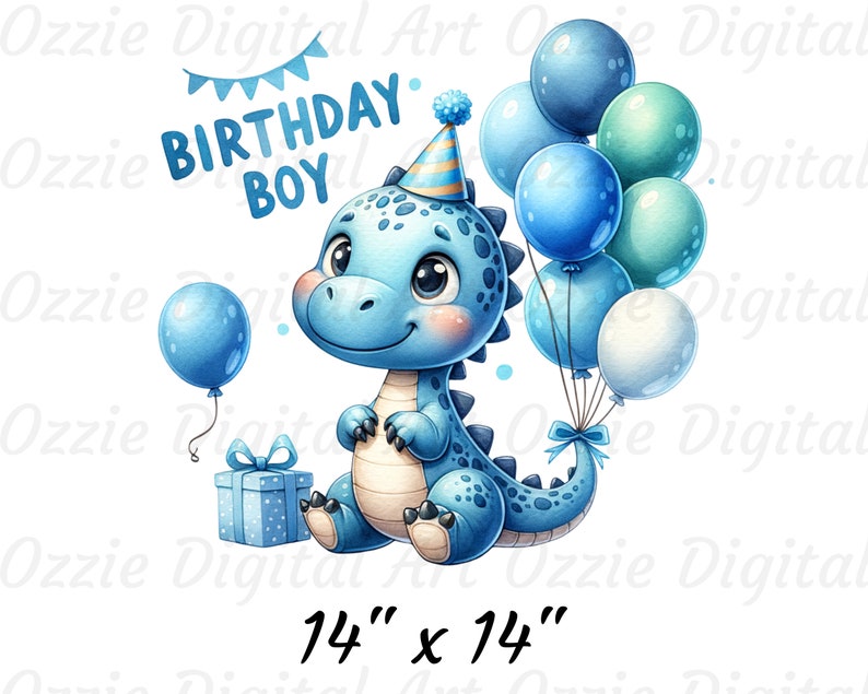 May include: A blue dinosaur wearing a party hat holds a bunch of blue, green, and white balloons. The dinosaur is sitting next to a blue gift box. The text "Birthday Boy" is written in white letters on a blue banner. The image is 14 inches by 14 inches.