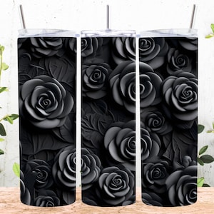 3D Black Roses Seamless 20 oz Skinny Tumbler Sublimation Design, Straight And Tapered Tumbler Wrap, Instant Digital Download PNG