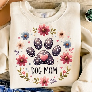 Dog Mom Png, Sublimation Design, Polka Dot Paw Clipart, Dog Digital Image, Retro Flowers Png, T-Shirt Design, Instant Digital Download Png