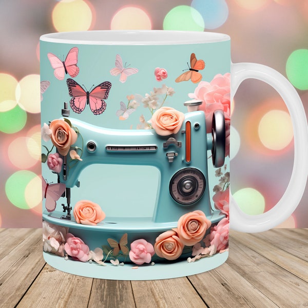 3D Sewing Machine Mug Wrap, 11oz & 15oz Mug Template, Flower Mug Sublimation Design, Mug Wrap Template, Instant Digital Download PNG