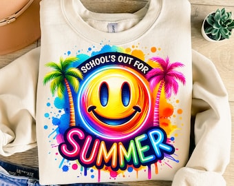 Se acabaron las clases por el verano (PNG), diseño para sublimación, imágenes prediseñadas del último día de clases, imagen digital de carita sonriente, diseño para camisetas, descarga instantánea (PNG)