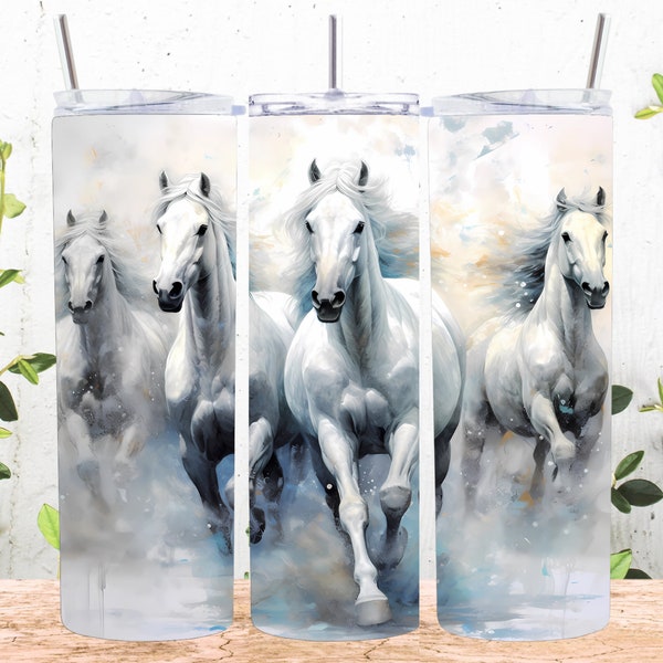 White Horses 20 oz Skinny Tumbler Sublimation Design, Straight And Tapered Tumbler Wrap, Instant Digital Download PNG