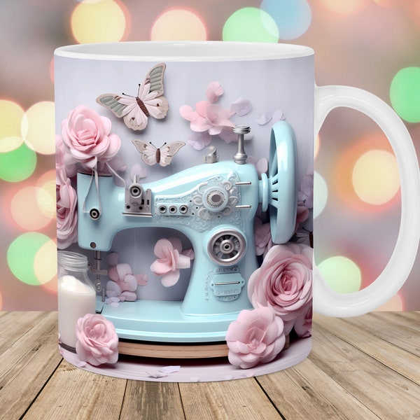 Machine à coudre 3D, modèle de tasse 11 oz et 15 oz, conception de sublimation de tasse, modèle de wrap de tasse de fleurs roses, téléchargement numérique instantané PNG