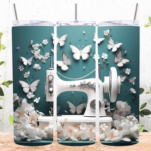 3D Sewing Machine White Butterflies 20 oz Skinny Tumbler Sublimation Design, Straight And Tapered Tumbler Wrap, Instant Digital Download PNG