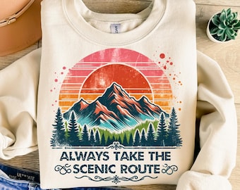 Neem altijd de schilderachtige route png, sublimatieontwerp, bergen png, avontuur png, retro png, T-shirtontwerp, instant download png, dtf