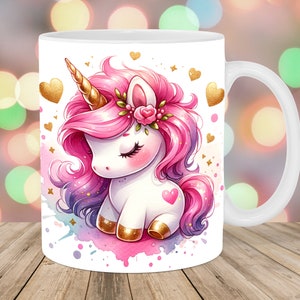 Pink Baby Unicorn Mug Wrap, 11oz & 15oz Mug Template, Mug Sublimation Design, Gold Hearts Mug Wrap Template, Instant Digital Download PNG