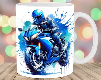Blue Motorcycle Mug Wrap, 11oz & 15oz Mug Template, Motorbike Mug Sublimation Design, Biker Mug Wrap Template, Instant Digital Download PNG