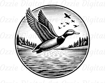 Eend Svg & Png, Flying Duck Clipart, Lake landschap Vector Image, Bird Silhouette, Wild Bird Sublimatie Design, Duck Cut-bestand