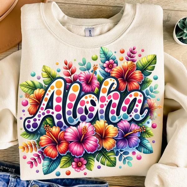 Aloha Png, Sublimation Design, Tropical Flowers Clipart, Colorful Summer Digital Image, Trendy Png, T-Shirt Design, Instant Download Png