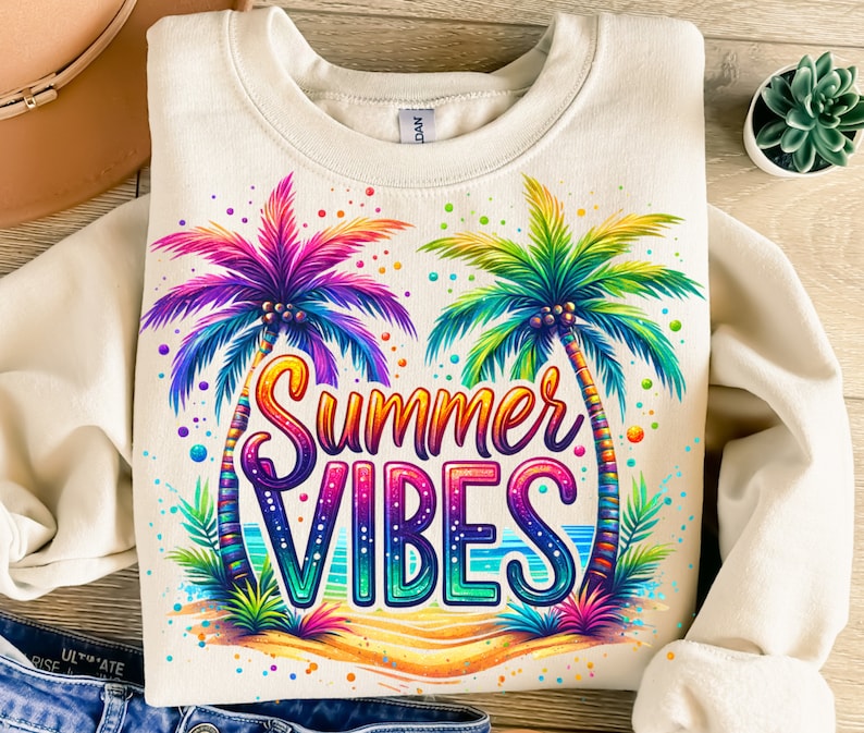 Peut inclure: Un sweat-shirt cr&egrave;me avec un motif color&eacute; de palmiers et le texte "Summer Vibes". Le motif pr&eacute;sente un sch&eacute;ma de couleurs arc-en-ciel avec une vague oc&eacute;anique bleue et verte.