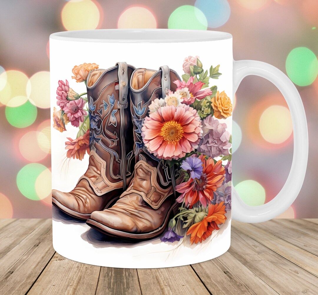 Cowboy Boots Mug Wrap, 11oz 15oz Mug Template, Flower Mug