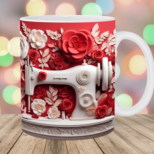 3D Sewing Machine Mug Wrap, 11oz & 15oz Mug Template, Roses Mug Sublimation Design, Mug Wrap Template, Instant Digital Download PNG