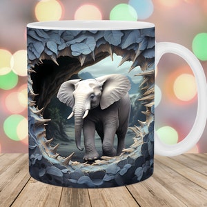 3D Hole In A Wall Elephant Mug Wrap, 11oz And 15oz Mug Template, Mug Sublimation Design, Mug Wrap Template, Instant Digital Download PNG