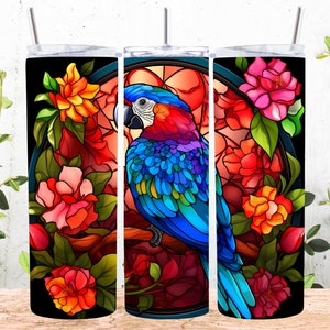 Colorful Flowers Parrot Stained Glass 20 oz Skinny Tumbler Sublimation Design, Straight & Tapered Tumbler Wrap, Instant Digital Download PNG