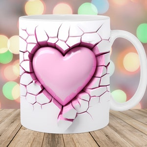 3D Pink Heart Hole In A Wall Mug Wrap, 11oz & 15oz Mug Template, Mug Sublimation Design, Mug Wrap Template, Instant Digital Download PNG