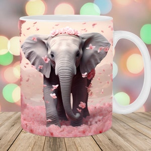 3D Elephant Mug Wrap, 11oz & 15oz Mug Template, Mug Sublimation Design, Pink Flowers Mug Wrap Template, Instant Digital Download PNG