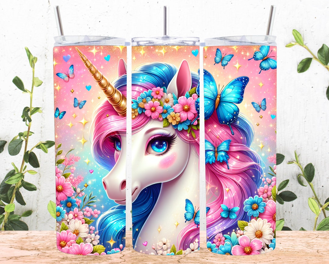 Unicorn 20 Oz Skinny Tumbler Sublimation Design, Glitter Butterflies ...