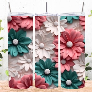 3D White Green Pink Daisies Seamless 20 oz Skinny Tumbler Sublimation Design, Straight & Tapered Tumbler Wrap, Instant Digital Download PNG