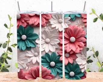 3D White Green Pink Daisies Seamless 20 oz Skinny Tumbler Sublimation Design, Straight & Tapered Tumbler Wrap, Instant Digital Download PNG