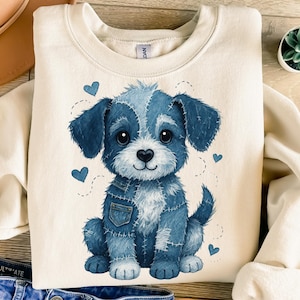Cachorro em Patchwork Jeans PNG, Design de Sublimação, Filhote de Cachorro PNG, Amante de Cachorro PNG, Mãe Cachorro PNG, Coração PNG, Design de Camiseta, Download Instantâneo PNG, DTF