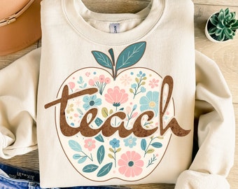 Retro Teach Png, Sublimation Design, Floral Teacher Png, Boho Sublimation, Apple Png, School Png, Shirt Design, Instant Download Png, DTF