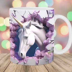 3D Einhorn Becherverpackung, 11 Unzen und 15 Unzen Bechervorlage, Becher Sublimationsdesign, Loch in einer Becherverpackungsvorlage, sofortiger digitaler Download PNG