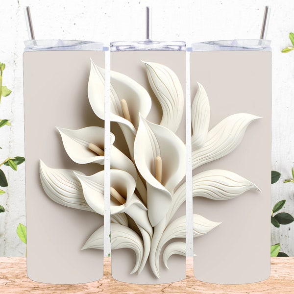 3D White Calla Lilies Flowers 20 oz Skinny Tumbler Sublimation Design, Straight And Tapered Tumbler Wrap, Instant Digital Download PNG