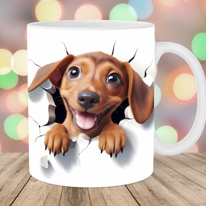 3D Dachshund Hole In A Wall Mug Wrap, 11oz & 15oz Mug Template, Mug Sublimation Design, Dog Mug Wrap Template, Instant Digital Download PNG