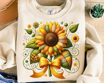Embroidered Patchwork Sunflower Png, Sublimation Design, Coquette Yellow Bow Png, Flower Png, T-Shirt Design, Digital Download Png, DTF