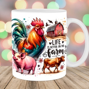 May include: White ceramic mug with a colorful illustration of a rooster, pig, and cow on a farm. The text "Life is better on the farm" is written in black with hearts around the word "Life".