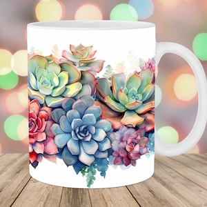Involucro tazza cactus acquerello, modello tazza da 11 once e 15 once, design a sublimazione tazza, modello involucro tazza, download digitale istantaneo PNG