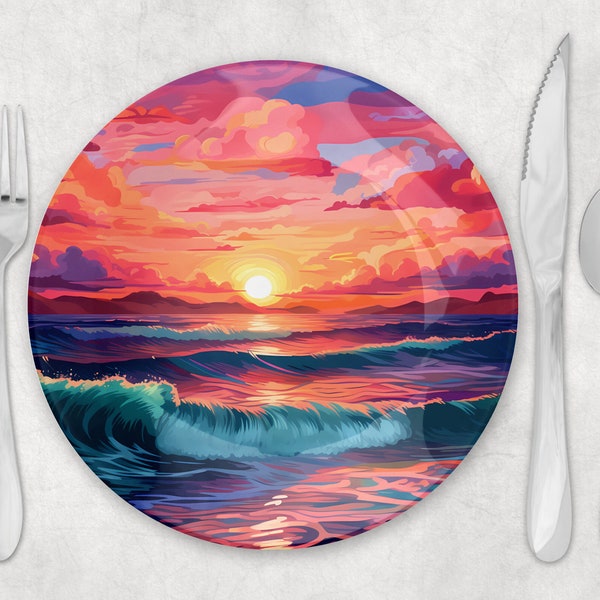 Colorful Neon Ocean Sunset Plate Design, 8", 10" And 12" Plate Template, Plate Sublimation Design, Plate Print, Instant Digital Download PNG