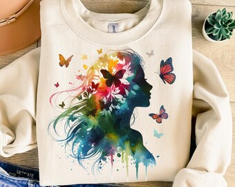 Woman Png, Sublimation Design, Colorful Butterflies Png, Girl Png, Landscape Png, T-Shirt Design, Sweatshirt Png, Instant Download Png, DTF