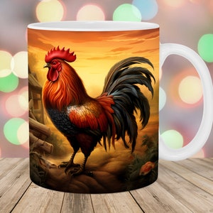 Rooster Mug Wrap, 11oz And 15oz Mug Template, Mug Sublimation Design, Sunset Mug Wrap Template, Instant Digital Download PNG