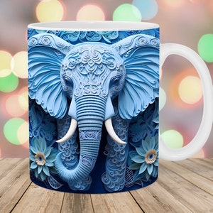 3D Blue Elephant Mug Wrap, 11oz And 15oz Mug Template, Mug Sublimation Design, Mug Wrap Template, Instant Digital Download PNG