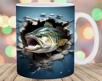 3D-Forellenbarsch-Loch in einer Wandbecherverpackung, 11 Unzen- und 15 Unzen-Bechervorlage, Becher-Sublimationsdesign, Bechervorlage, sofortiger digitaler Download PNG