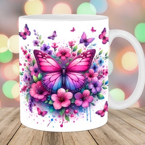 Pink Purple Butterflies Mug Wrap, 11oz & 15oz Mug Template, Mug Sublimation Design, Flower Mug Wrap Template, Instant Digital Download PNG