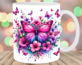 Pink Purple Butterflies Mug Wrap, 11oz & 15oz Mug Template, Mug Sublimation Design, Flower Mug Wrap Template, Instant Digital Download PNG
