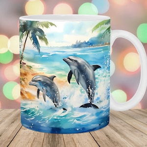 Watercolor Dolphins Mug Wrap, 11oz & 15oz Mug Template, Mug Sublimation Design, Ocean Mug Wrap Template, Instant Digital Download PNG