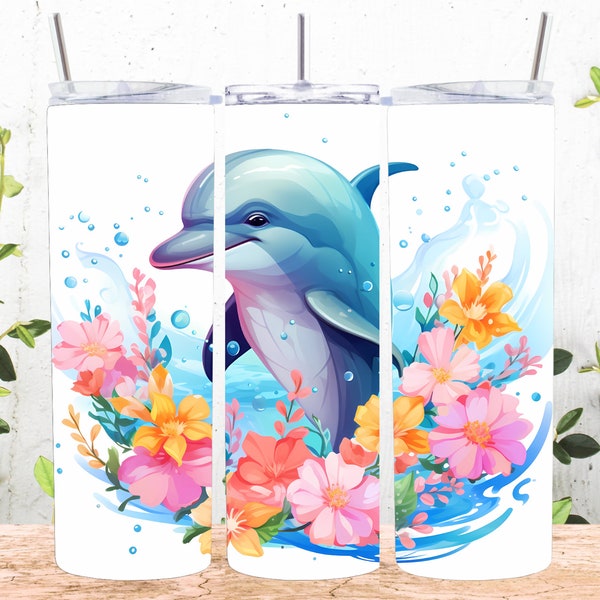 Cartoon Delphin Blumen 20 Unzen Kinder Tumbler Sublimation Design, gerade und konische Tumbler Wrap, Sofortiger digitaler Download PNG