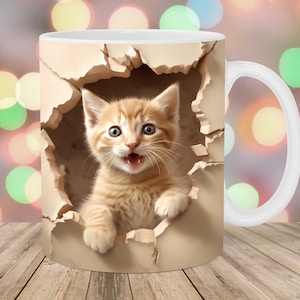 3D Kitten In A Wall Hole Mug Wrap, 11oz And 15oz Mug Template, Mug Sublimation Design, Cat Mug Wrap Template, Instant Digital Download PNG