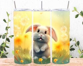 Bunny Rabbit Dandelions Flowers 20 oz Skinny Tumbler Sublimation Design, Straight And Tapered Tumbler Wrap, Instant Digital Download PNG