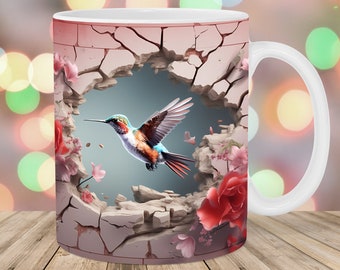 3D Hummingbird Hole In A Wall Mug Wrap, 11oz & 15oz Mug Template, Mug Sublimation Design, Flowers Mug Template, Instant Digital Download PNG